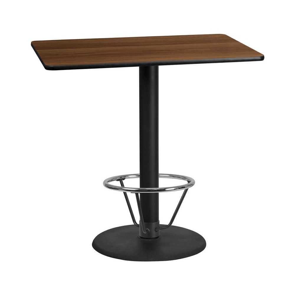 30'' x 48'' Rectangular Walnut Laminate Table Top with 24'' Round Bar Height Table Base and Foot Ring 30'' x 48'' Rectangular Walnut Laminate Table Top with 24'' Round Bar Height Table Base and Foot Ring