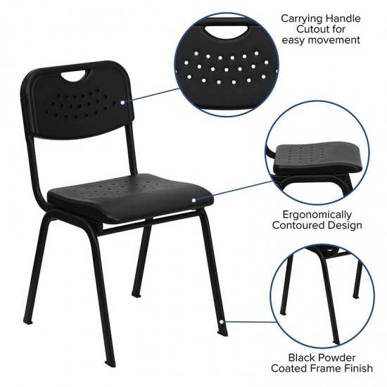 880 lb. Capacity Black Plastic Stack Chair with Open Back and Black Frame