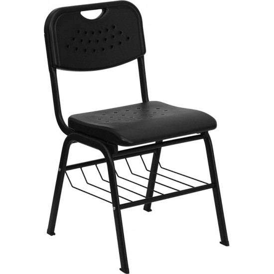 880 lb. Capacity Black Plastic Chair with Black Frame and Book Basket