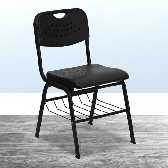 880 lb. Capacity Black Plastic Chair with Black Frame and Book Basket