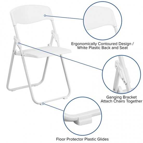 500 lb. Capacity Heavy Duty White Plastic Folding Chair with Built-in Ganging Brackets