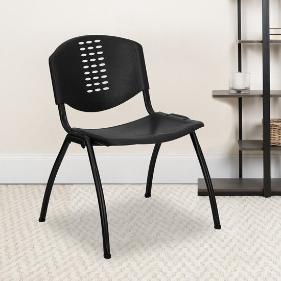 880 lb. Capacity Black Plastic Stack Chair with Oval Cutout Back and Black Frame