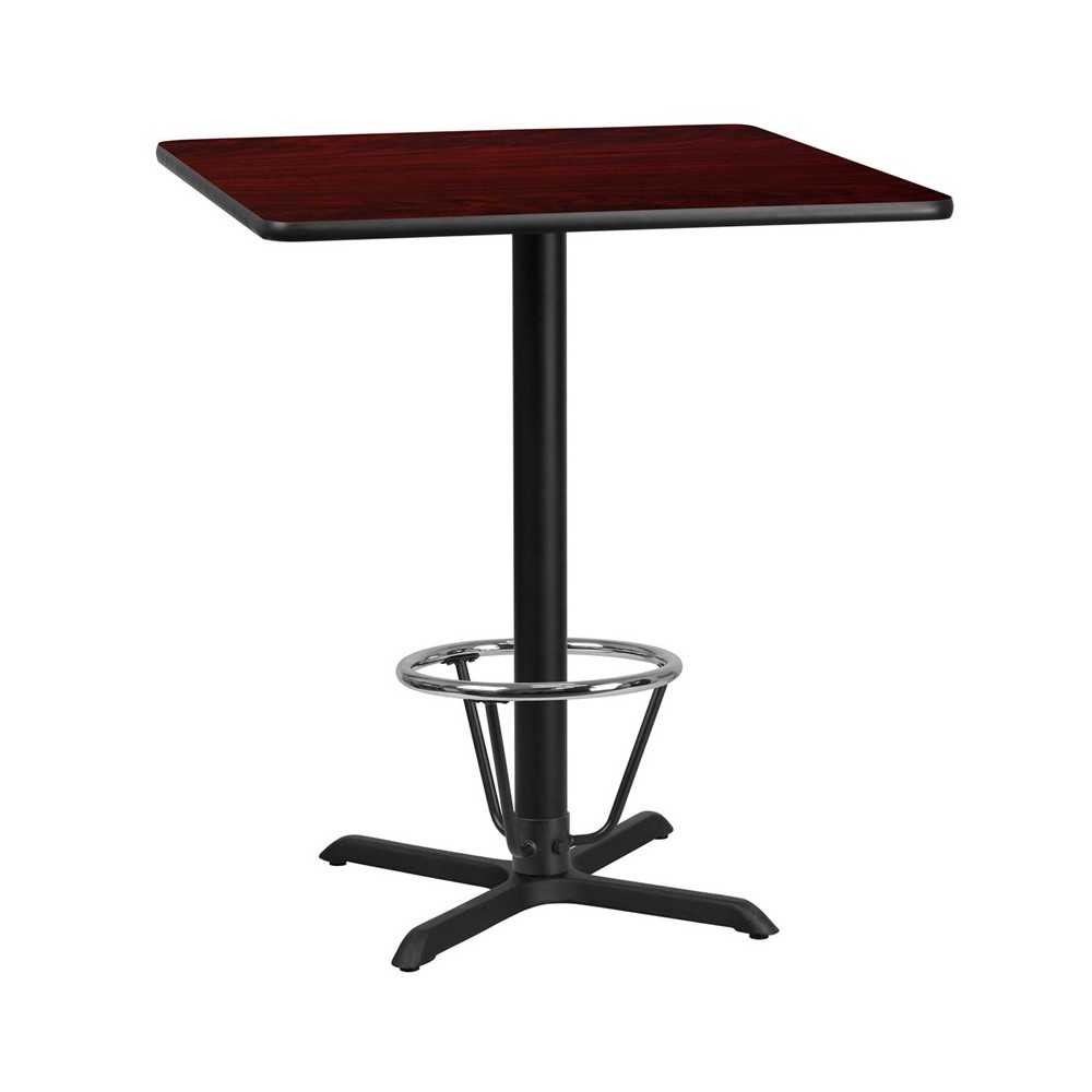 36'' Square Mahogany Laminate Table Top with 30'' x 30'' Bar Height Table Base and Foot Ring 36'' Square Mahogany Laminate Table Top with 30'' x 30'' Bar Height Table Base and Foot Ring