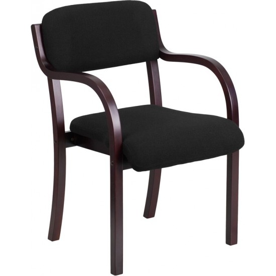 Contemporary Mahogany Wood Side Reception Chair with Arms and Black Fabric Seat