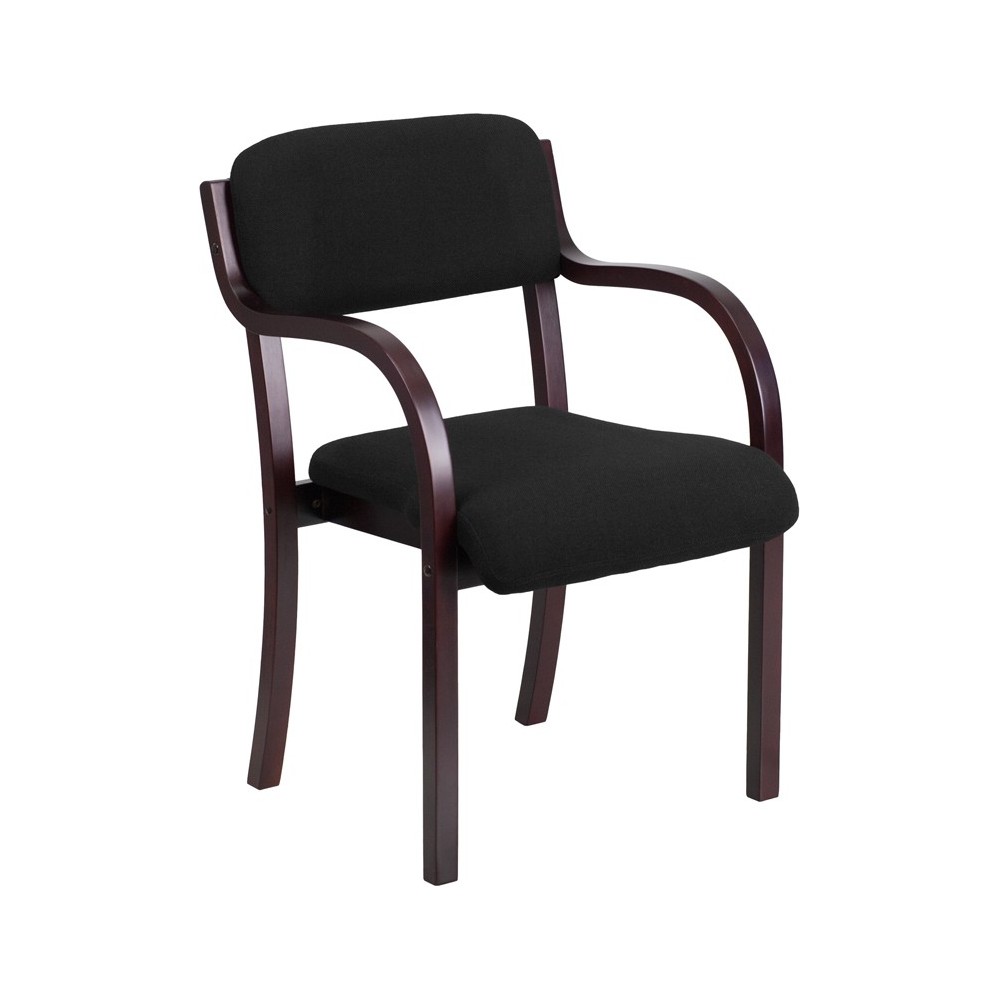 Contemporary Mahogany Wood Side Reception Chair with Arms and Black Fabric Seat