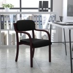 Contemporary Mahogany Wood Side Reception Chair with Arms and Black Fabric Seat