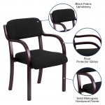 Contemporary Mahogany Wood Side Reception Chair with Arms and Black Fabric Seat