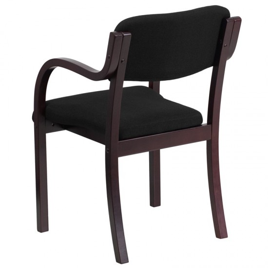 Contemporary Mahogany Wood Side Reception Chair with Arms and Black Fabric Seat