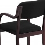 Contemporary Mahogany Wood Side Reception Chair with Arms and Black Fabric Seat