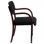 Contemporary Mahogany Wood Side Reception Chair with Arms and Black Fabric Seat