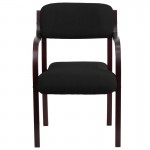 Contemporary Mahogany Wood Side Reception Chair with Arms and Black Fabric Seat