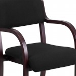 Contemporary Mahogany Wood Side Reception Chair with Arms and Black Fabric Seat