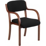 Contemporary Walnut Wood Side Reception Chair with Arms and Black Fabric Seat