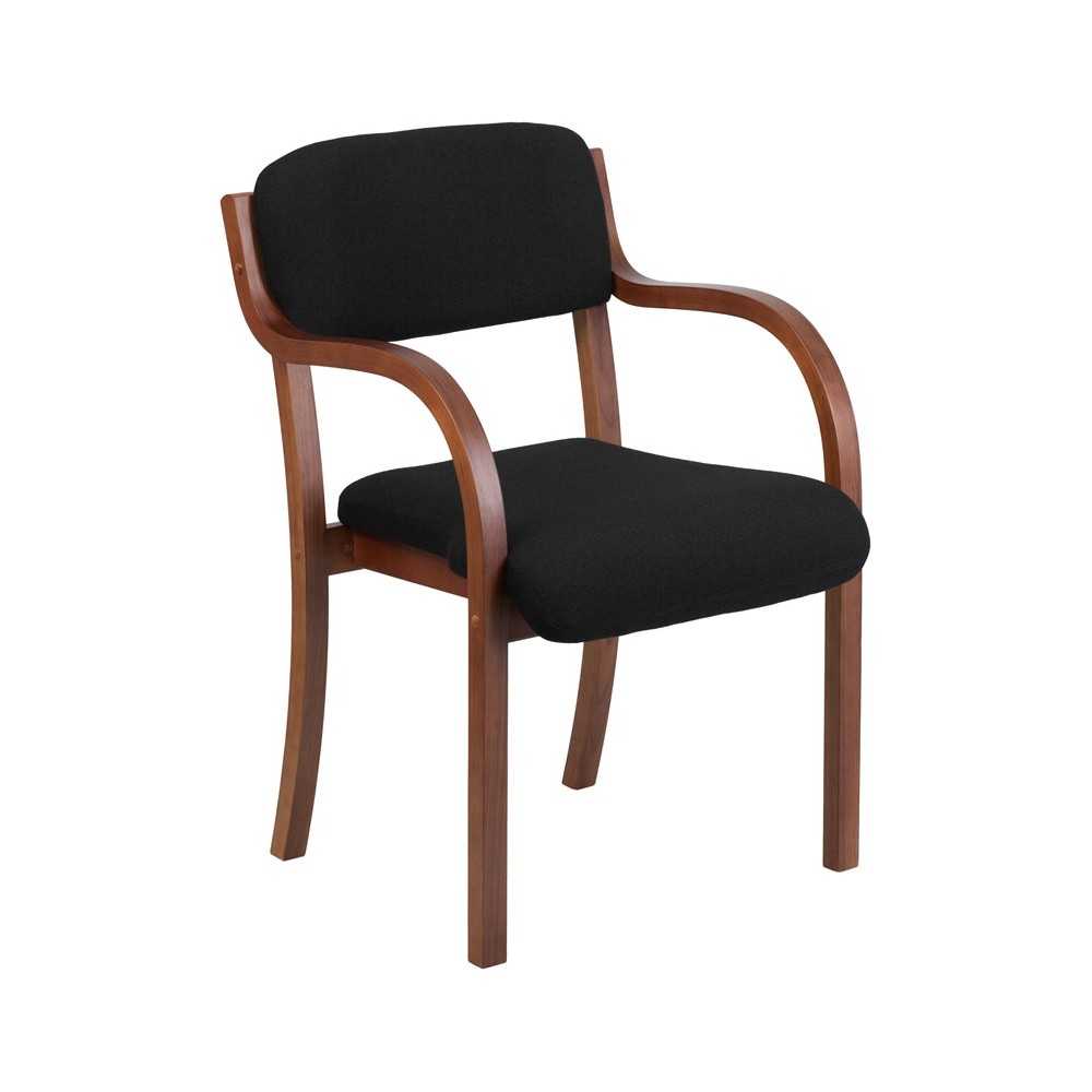 Contemporary Walnut Wood Side Reception Chair with Arms and Black Fabric Seat