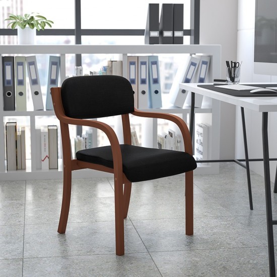 Contemporary Walnut Wood Side Reception Chair with Arms and Black Fabric Seat