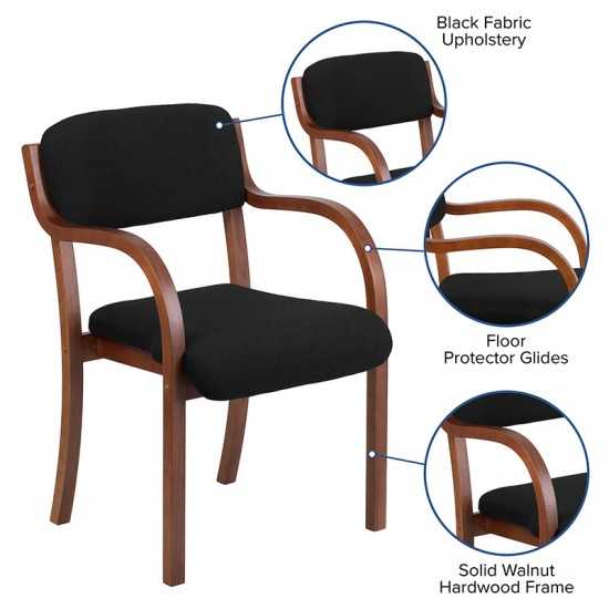 Contemporary Walnut Wood Side Reception Chair with Arms and Black Fabric Seat