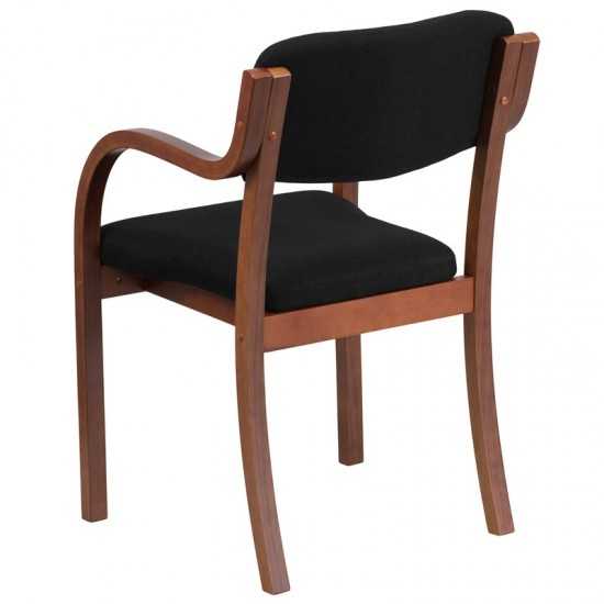 Contemporary Walnut Wood Side Reception Chair with Arms and Black Fabric Seat