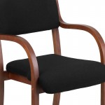 Contemporary Walnut Wood Side Reception Chair with Arms and Black Fabric Seat