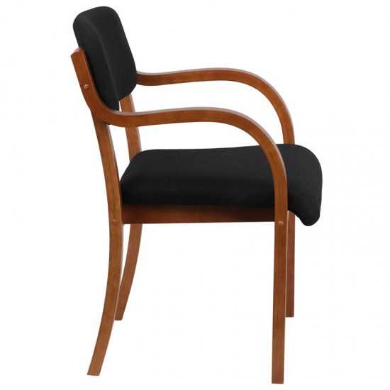 Contemporary Walnut Wood Side Reception Chair with Arms and Black Fabric Seat