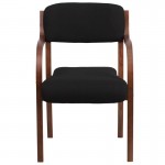 Contemporary Walnut Wood Side Reception Chair with Arms and Black Fabric Seat