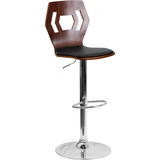 Walnut Adjustable Height Barstool with Designer Cutout Back and Black Vinyl Seat