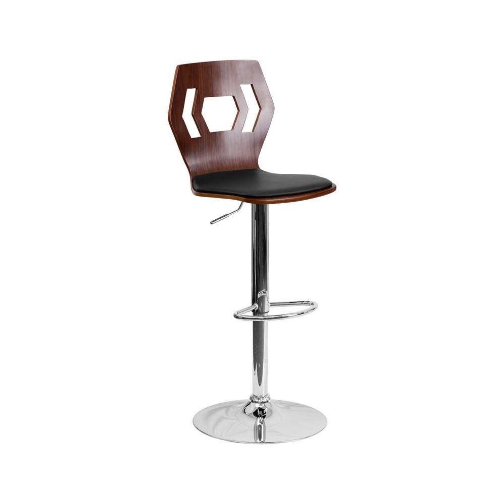 Walnut Adjustable Height Barstool with Designer Cutout Back and Black Vinyl Seat Walnut Adjustable Height Barstool with Designer Cutout Back and Black Vinyl Seat