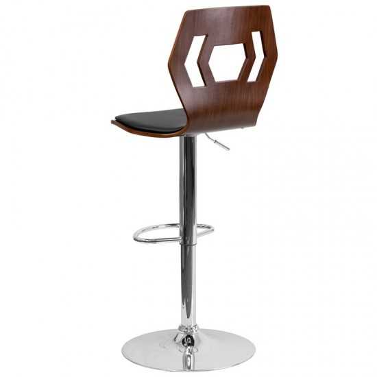 Walnut Adjustable Height Barstool with Designer Cutout Back and Black Vinyl Seat