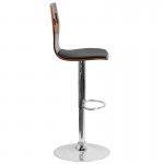 Walnut Adjustable Height Barstool with Designer Cutout Back and Black Vinyl Seat