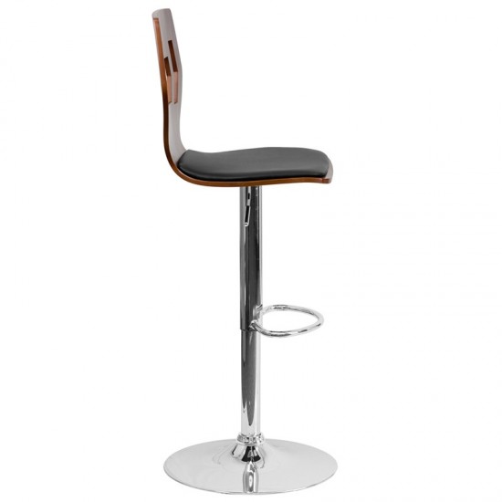 Walnut Adjustable Height Barstool with Designer Cutout Back and Black Vinyl Seat