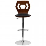 Walnut Adjustable Height Barstool with Designer Cutout Back and Black Vinyl Seat