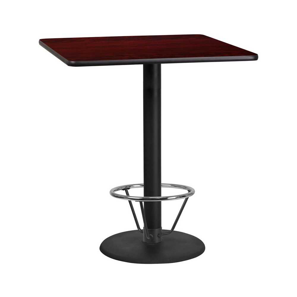 36'' Square Mahogany Laminate Table Top with 24'' Round Bar Height Table Base and Foot Ring 36'' Square Mahogany Laminate Table Top with 24'' Round Bar Height Table Base and Foot Ring