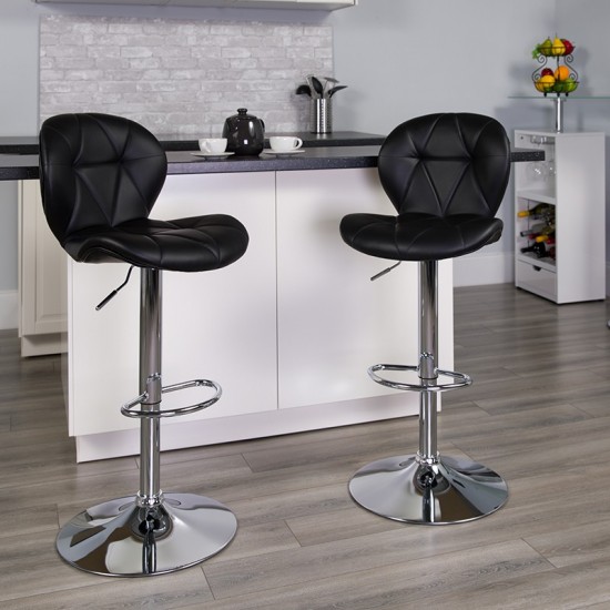 Contemporary Black Vinyl Adjustable Height Barstool with Diamond Stitched Back and Chrome Base