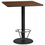 36\'\' Square Walnut Laminate Table Top with 24\'\' Round Bar Height Table Base and Foot Ring