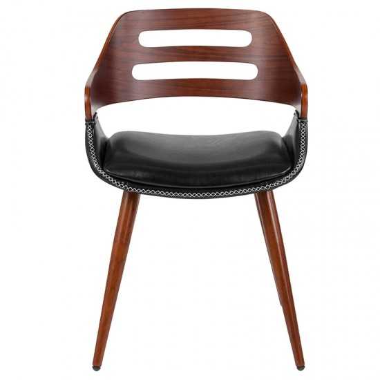 Contemporary Walnut Bentwood Side Reception Chair with Cross Stitched Black LeatherSoft Seat