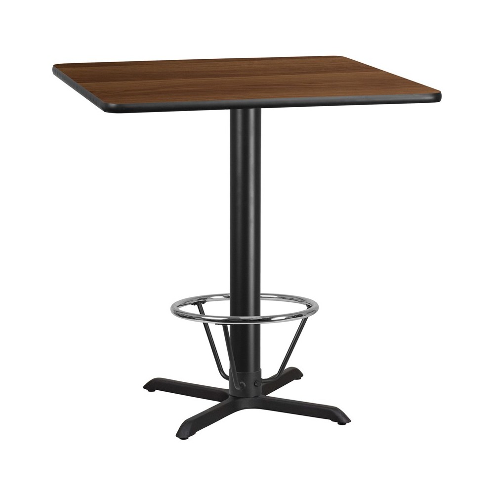 42'' Square Walnut Laminate Table Top with 33'' x 33'' Bar Height Table Base and Foot Ring 42'' Square Walnut Laminate Table Top with 33'' x 33'' Bar Height Table Base and Foot Ring