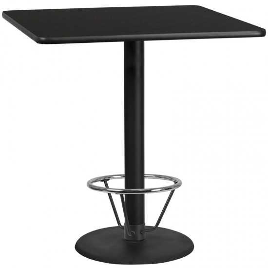 42'' Square Black Laminate Table Top with 24'' Round Bar Height Table Base and Foot Ring