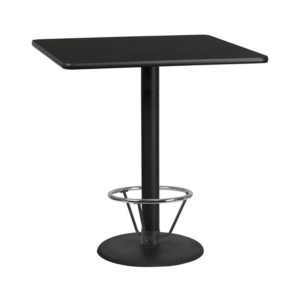 42'' Square Black Laminate Table Top with 24'' Round Bar Height Table Base and Foot Ring 42'' Square Black Laminate Table Top with 24'' Round Bar Height Table Base and Foot Ring