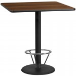 42'' Square Walnut Laminate Table Top with 24'' Round Bar Height Table Base and Foot Ring