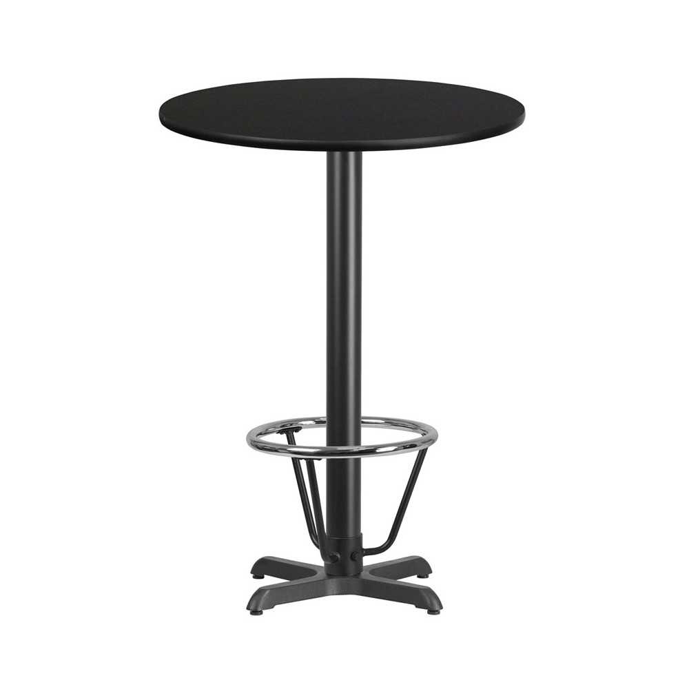 30'' Round Black Laminate Table Top with 22'' x 22'' Bar Height Table Base and Foot Ring