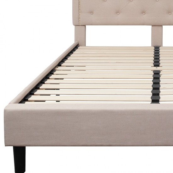 Brighton Queen Size Tufted Upholstered Platform Bed in Beige Fabric