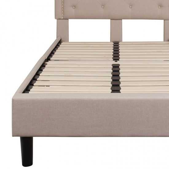 Brighton Twin Size Tufted Upholstered Platform Bed in Beige Fabric