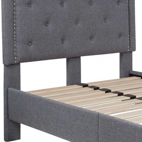 Brighton Twin Size Tufted Upholstered Platform Bed in Light Gray Fabric