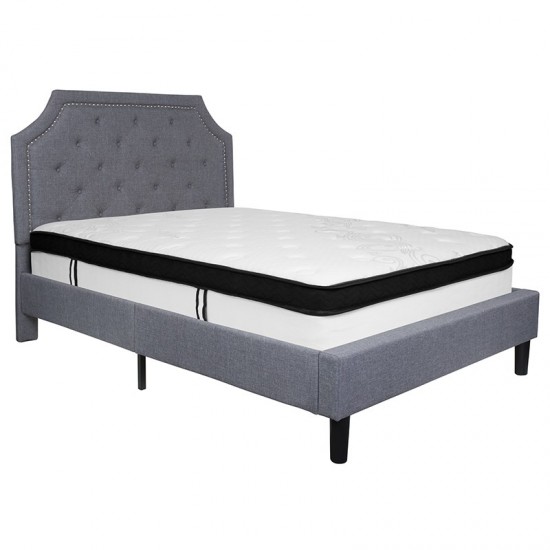 Brighton Full Size Tufted Upholstered Platform Bed in Light Gray Fabric with Memory Foam Mattress