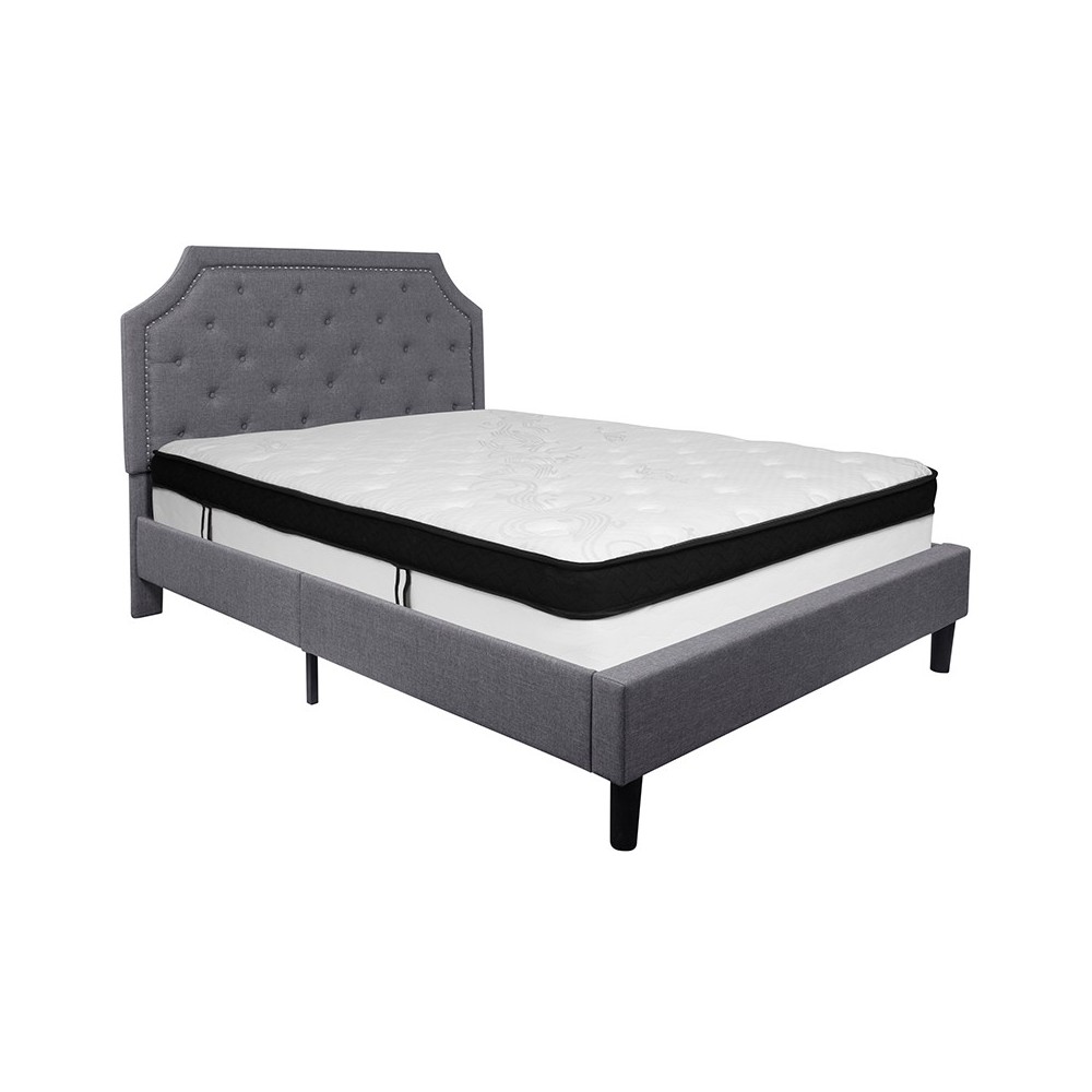 Brighton Queen Size Tufted Upholstered Platform Bed in Light Gray Fabric with Memory Foam Mattress