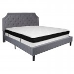 Brighton King Size Tufted Upholstered Platform Bed in Light Gray Fabric with Memory Foam Mattress