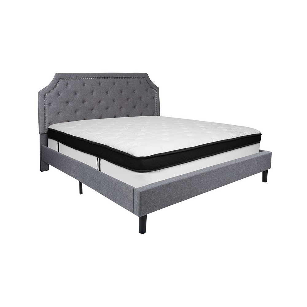 Brighton King Size Tufted Upholstered Platform Bed in Light Gray Fabric with Memory Foam Mattress