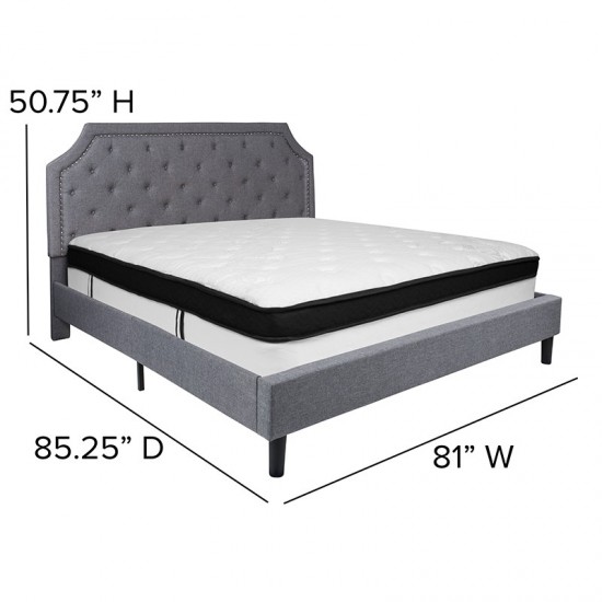 Brighton King Size Tufted Upholstered Platform Bed in Light Gray Fabric with Memory Foam Mattress