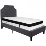 Brighton Twin Size Tufted Upholstered Platform Bed in Dark Gray Fabric with Memory Foam Mattress