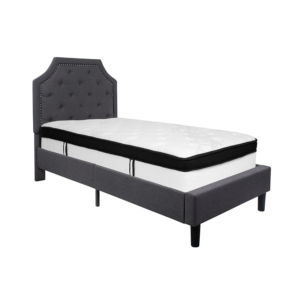 Brighton Twin Size Tufted Upholstered Platform Bed in Dark Gray Fabric with Memory Foam Mattress Brighton Twin Size Tufted Upholstered Platform Bed in Dark Gray Fabric with Memory Foam Mattress