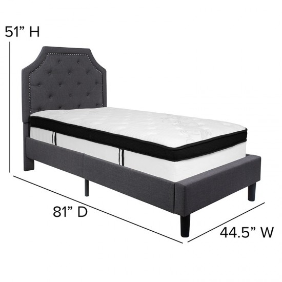 Brighton Twin Size Tufted Upholstered Platform Bed in Dark Gray Fabric with Memory Foam Mattress